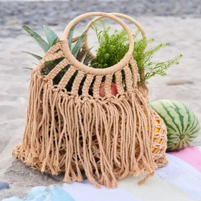 Crochet Fringe Wooden Handle Tote Bag in Taupe