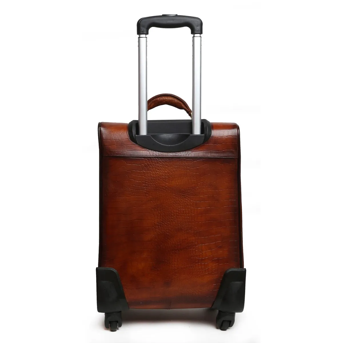 Croco Brown Quad Wheel Cabin Luggage Leather Bag With Golden Metal Zipper By Brune & Bareskin