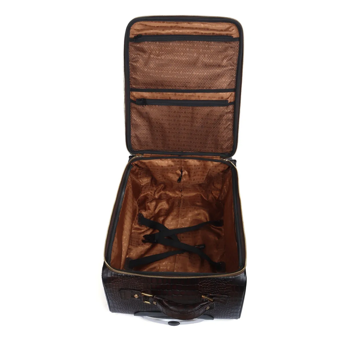 Dark Brown Croco Print With Diamond Stitched Quad Wheel Cabin Luggage Strolley Leather Bag by Brune & Bareskin