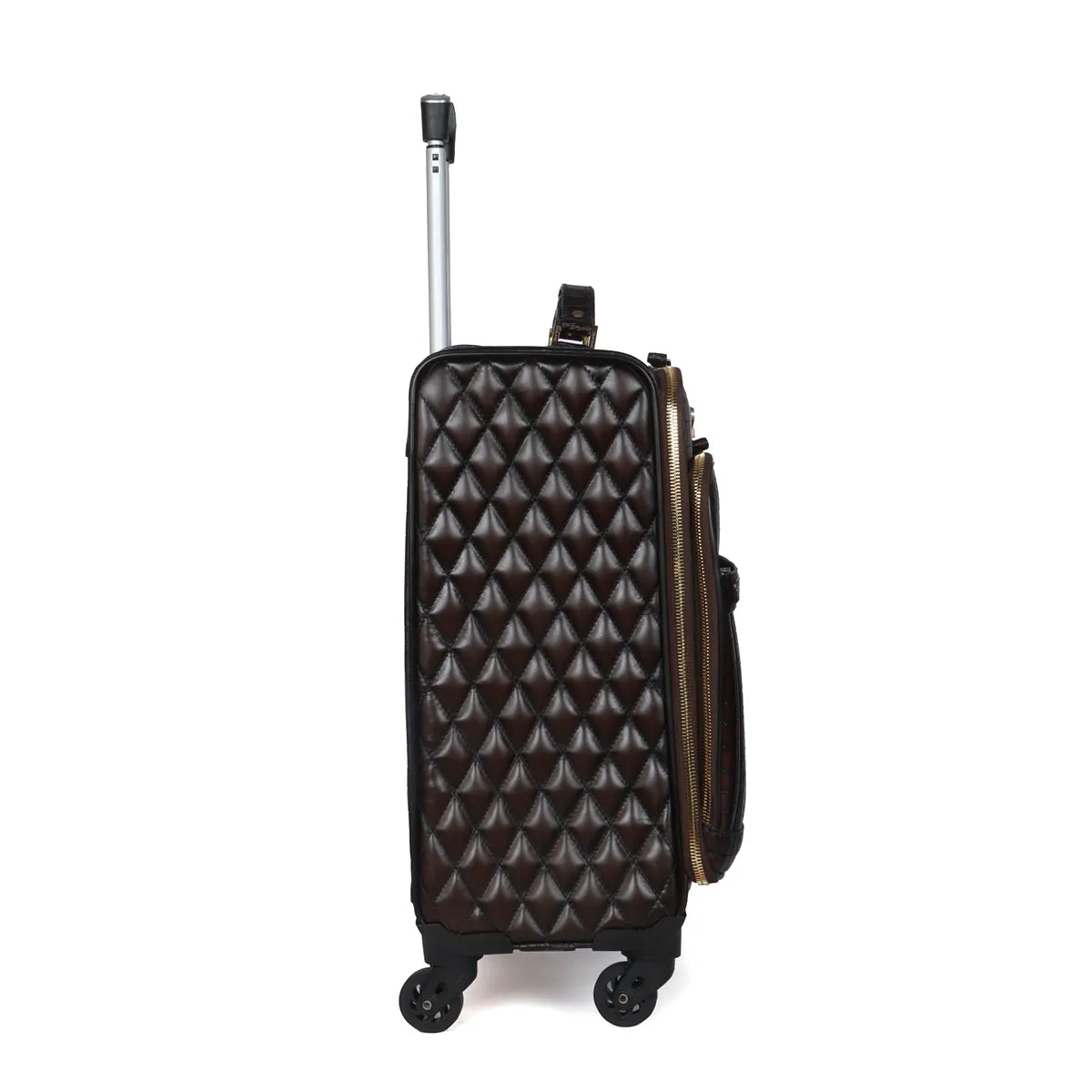 Dark Brown Croco Print With Diamond Stitched Quad Wheel Cabin Luggage Strolley Leather Bag by Brune & Bareskin