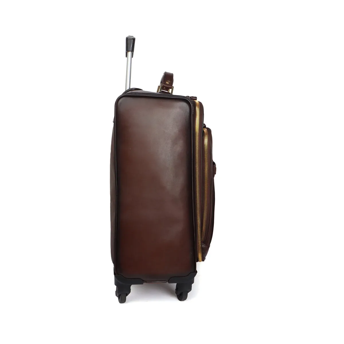 Dark Brown Quad Wheel Leather Strolley Travel Bag With Golden Zipper By Brune & Bareskin