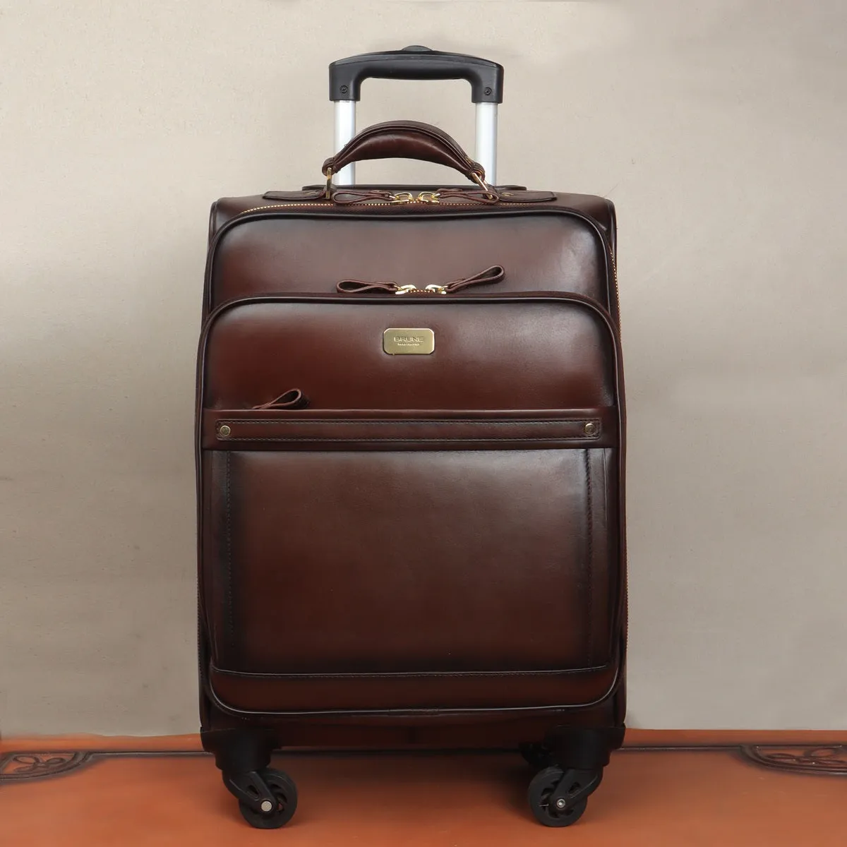 Dark Brown Quad Wheel Leather Strolley Travel Bag With Golden Zipper By Brune & Bareskin