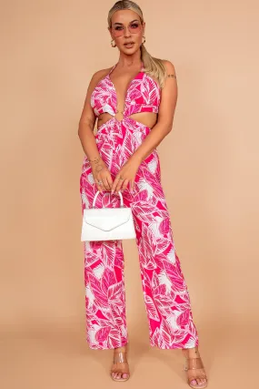 Dora Hot Pink Leaf Print Jumpsuit