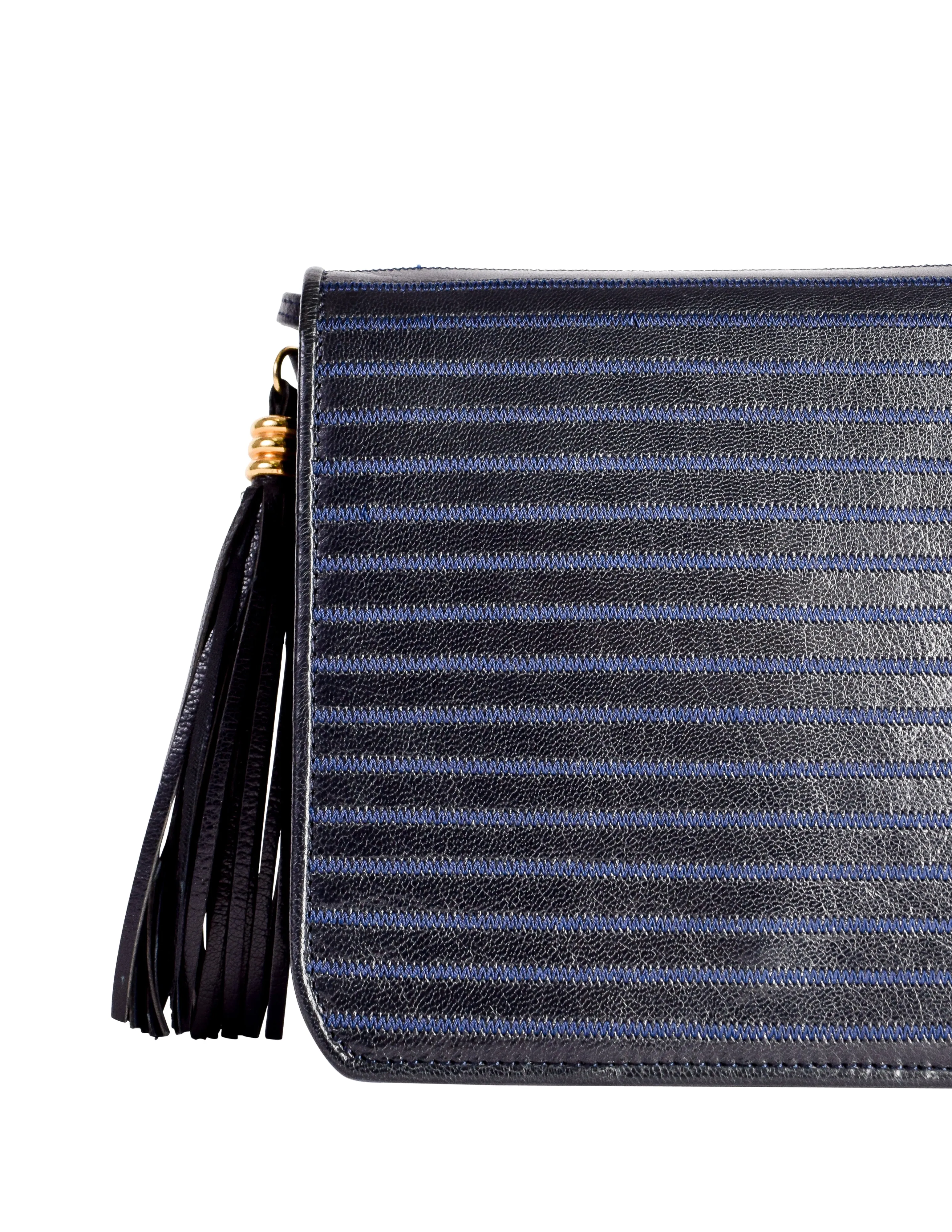 Fendi Vintage Blue Stitch Black Leather Tassel Crossbody Bag