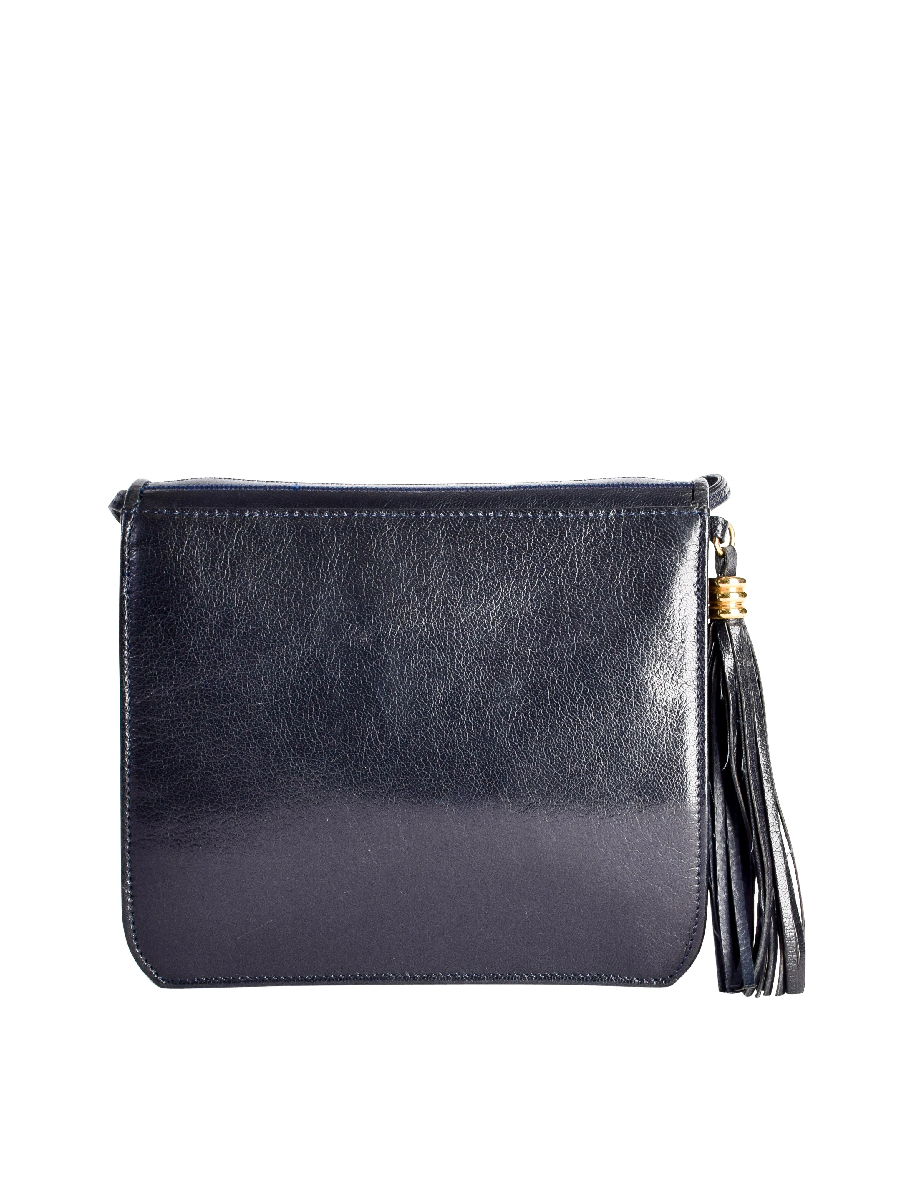 Fendi Vintage Blue Stitch Black Leather Tassel Crossbody Bag