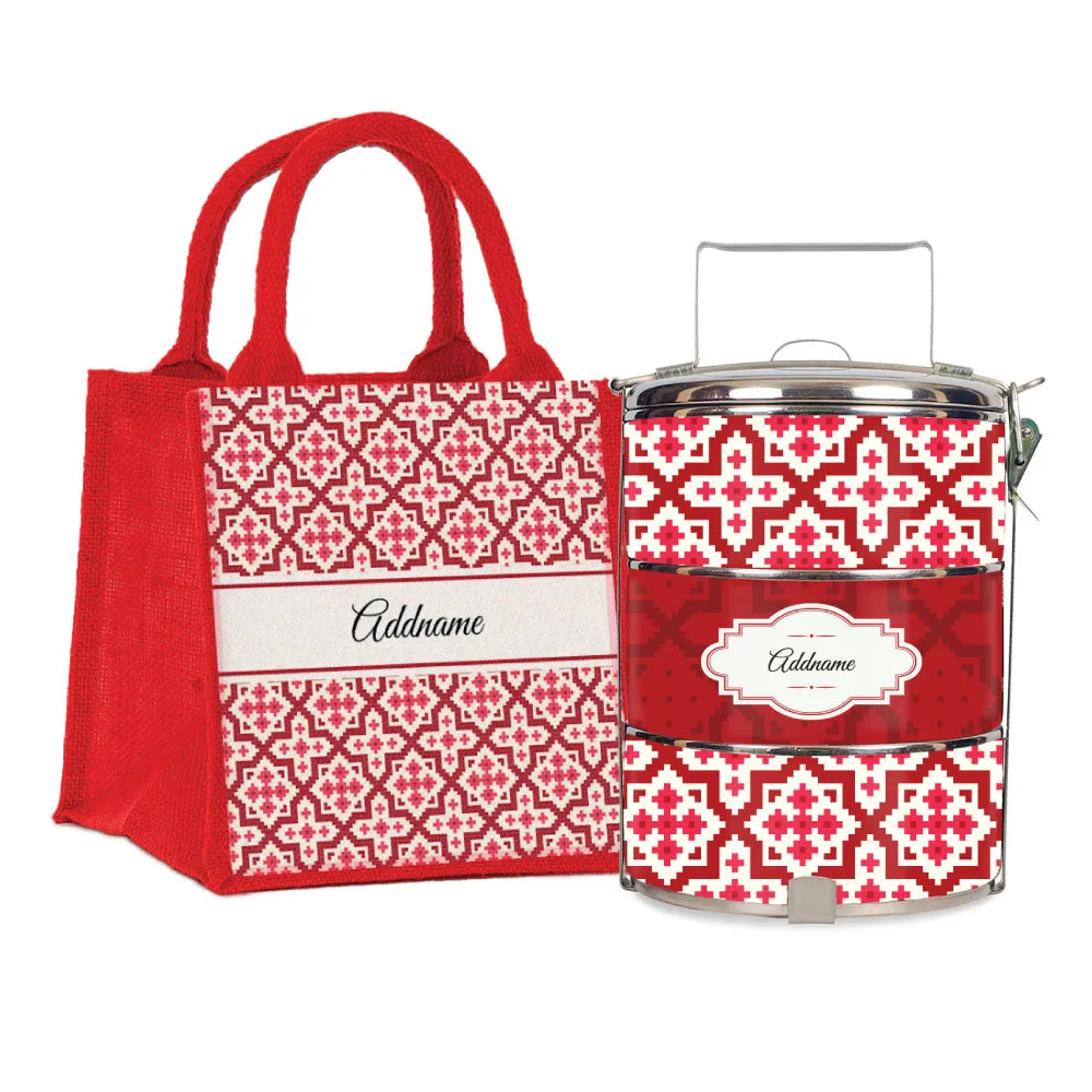 Flora Motif Moroccan & Mosaic Series 3-Tier Standard Small 12cm Tiffin Carrier [FREE Custom Add Name]