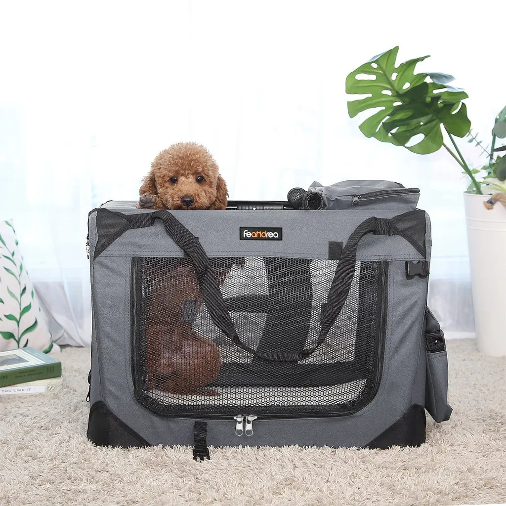 Foldable Dog Transport Box, Mesh Windows, 60cm Grey, FEANDREA