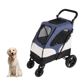 Foldable Travel Dog Stroller Pet Carrier with Adjustable Handle Mesh Window, Blue