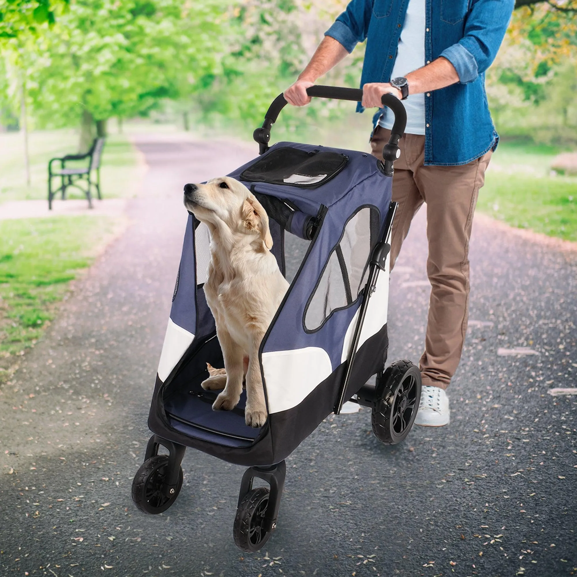 Foldable Travel Dog Stroller Pet Carrier with Adjustable Handle Mesh Window, Blue