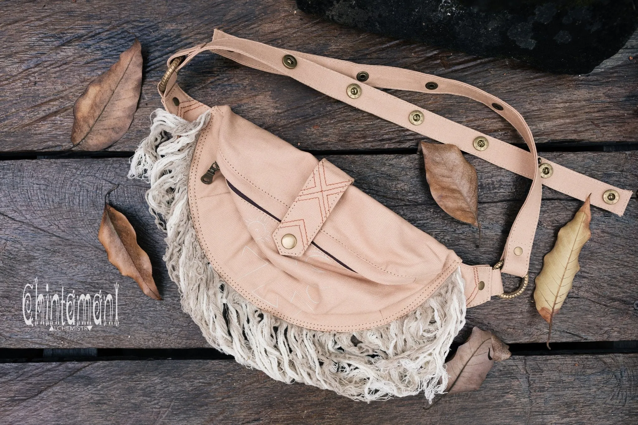 Fringe Cotton Canvas Banana Fanny Pack / Waist Bum Bag / Beige