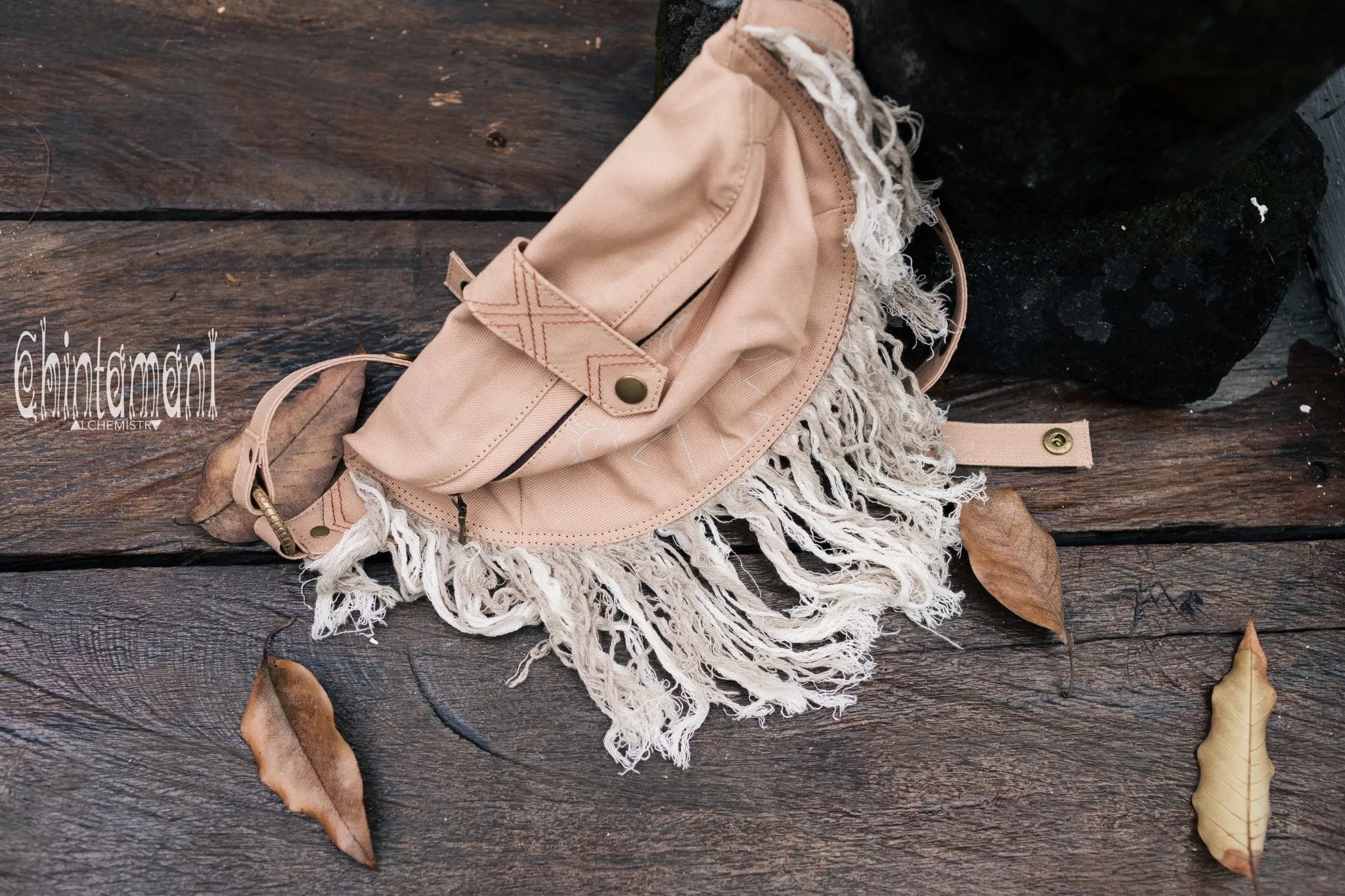 Fringe Cotton Canvas Banana Fanny Pack / Waist Bum Bag / Beige