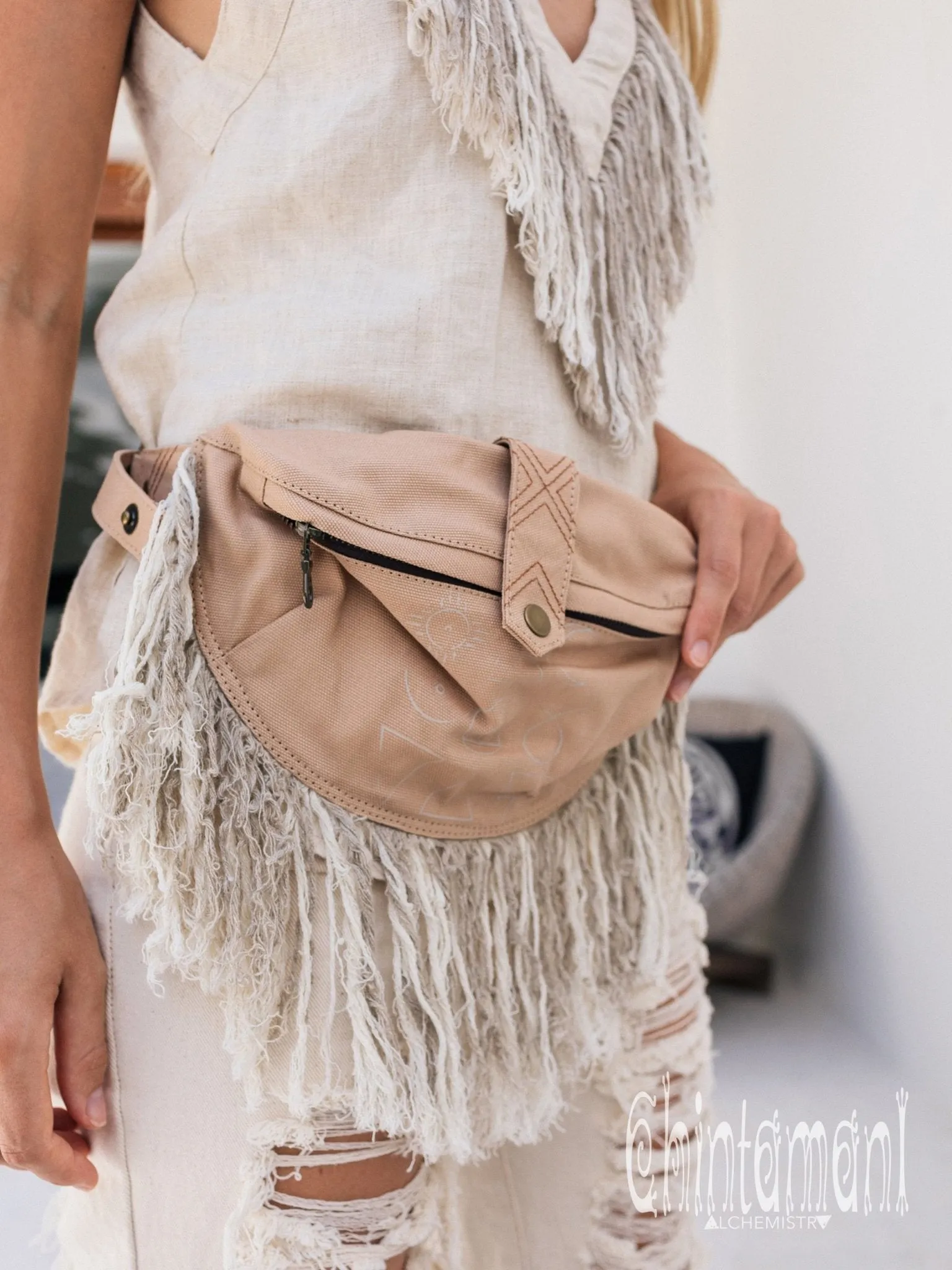 Fringe Cotton Canvas Banana Fanny Pack / Waist Bum Bag / Beige