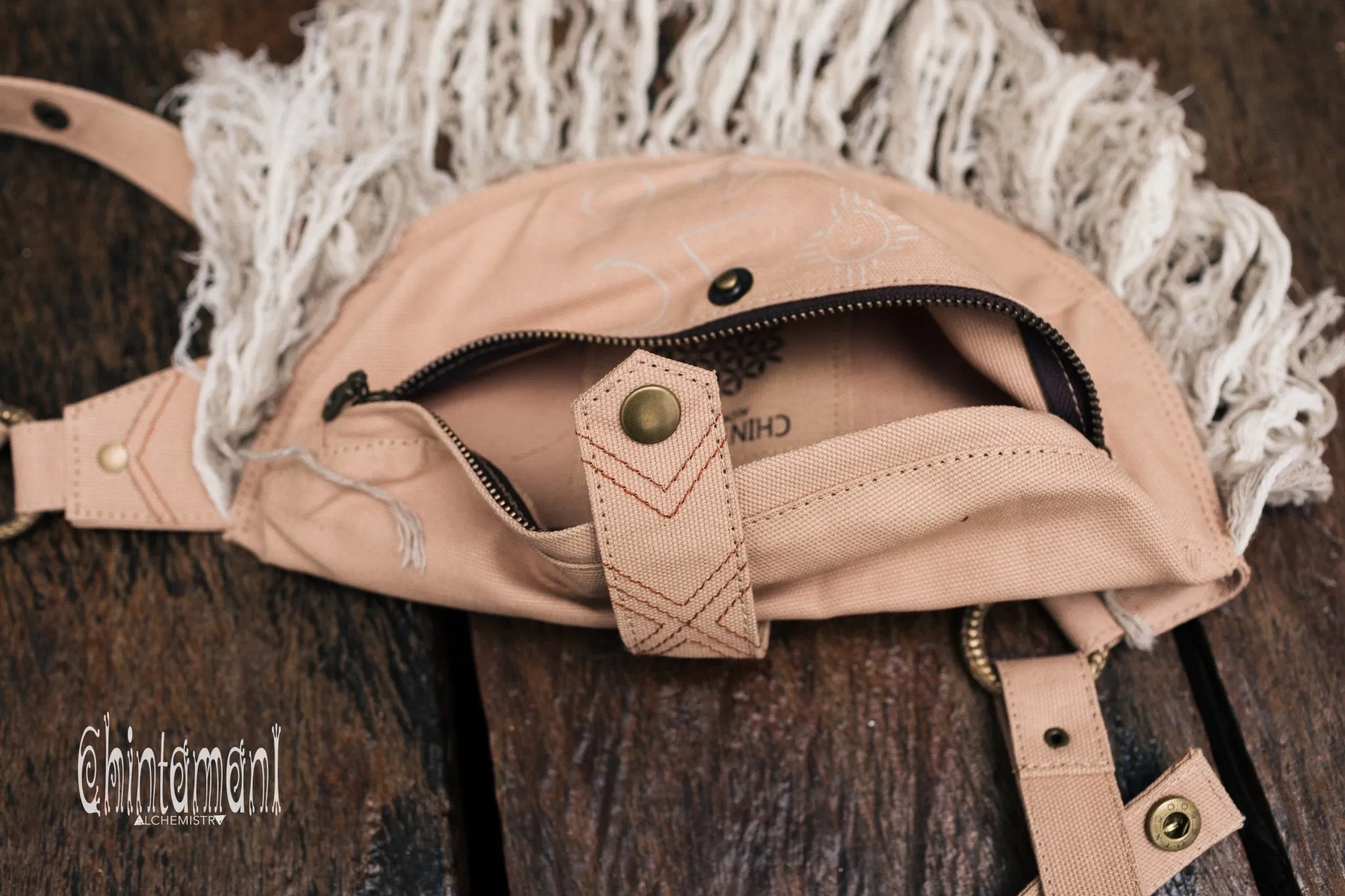 Fringe Cotton Canvas Banana Fanny Pack / Waist Bum Bag / Beige