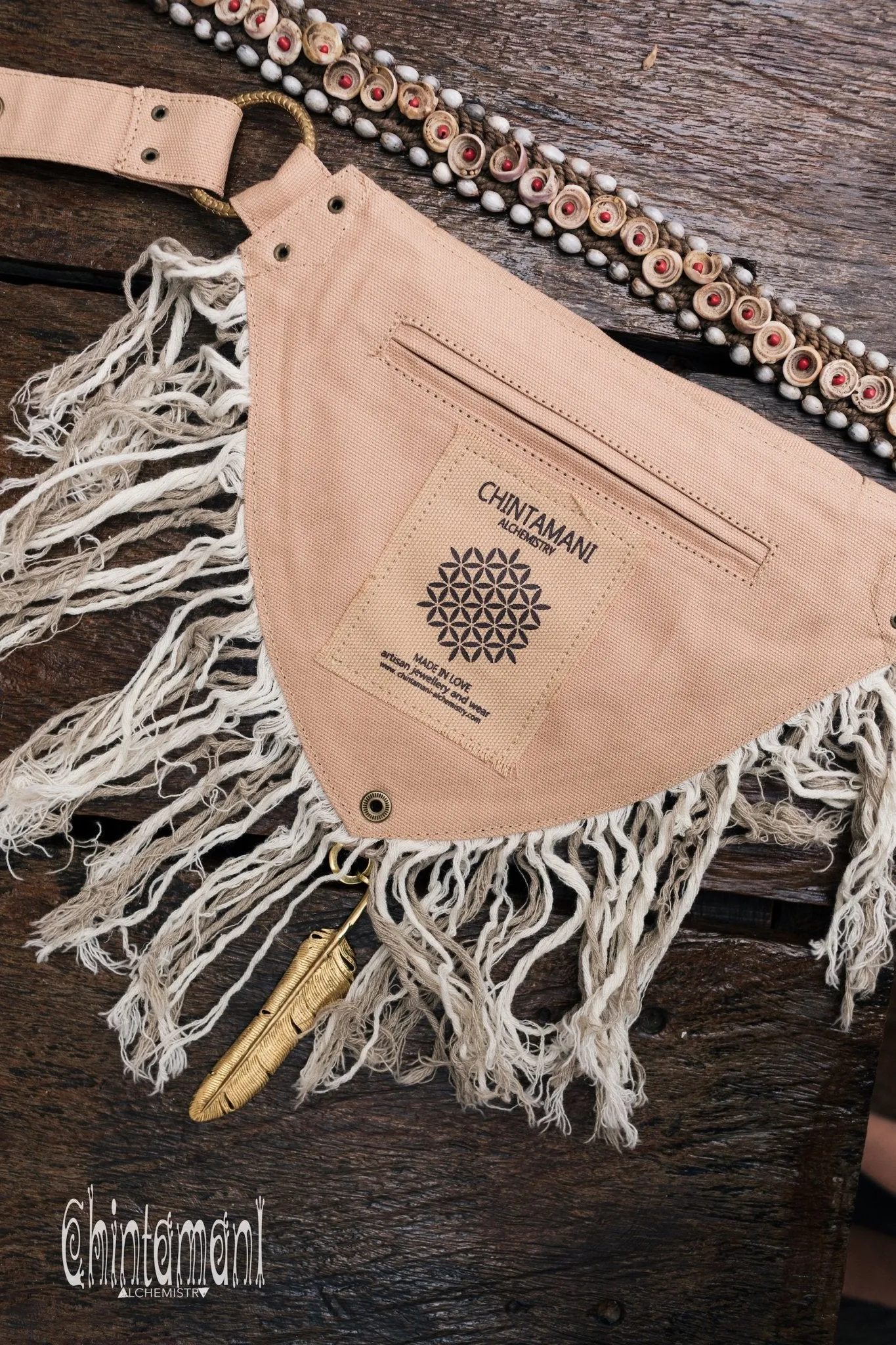 Fringe Cotton Canvas Vegan Waist Bag / Pocket Belt / Beige