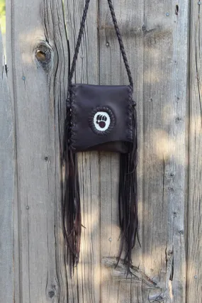 Fringed leather handbag, beaded bear paw bag