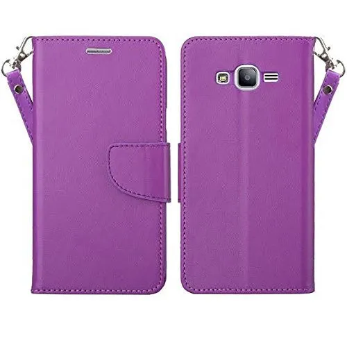 Galaxy J7 Case, Magnetic Flip Folio [Kickstand Feature] Pu Leather Wrist Strap Wallet Case with ID & Card Slots for Samsung Galaxy J7 - Purple