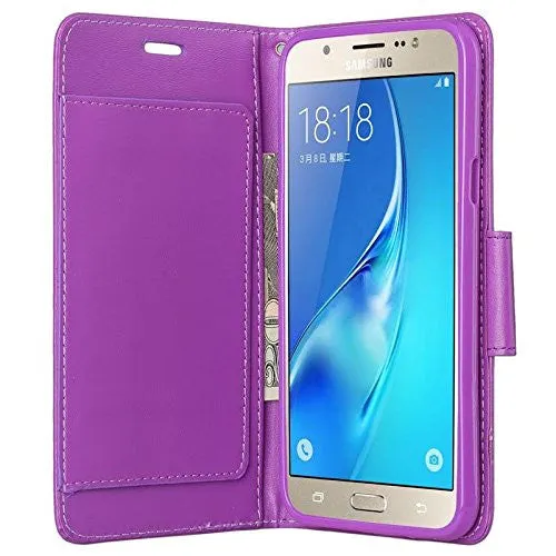 Galaxy J7 Case, Magnetic Flip Folio [Kickstand Feature] Pu Leather Wrist Strap Wallet Case with ID & Card Slots for Samsung Galaxy J7 - Purple