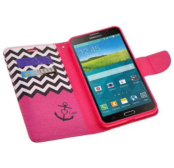 Galaxy Mega 2 Case, Wrist Strap Magnetic Fold[Kickstand] Pu Leather Wallet Case with ID & Credit Card Slots for Samsung Galaxy Mega 2 - Hot Pink Anchor