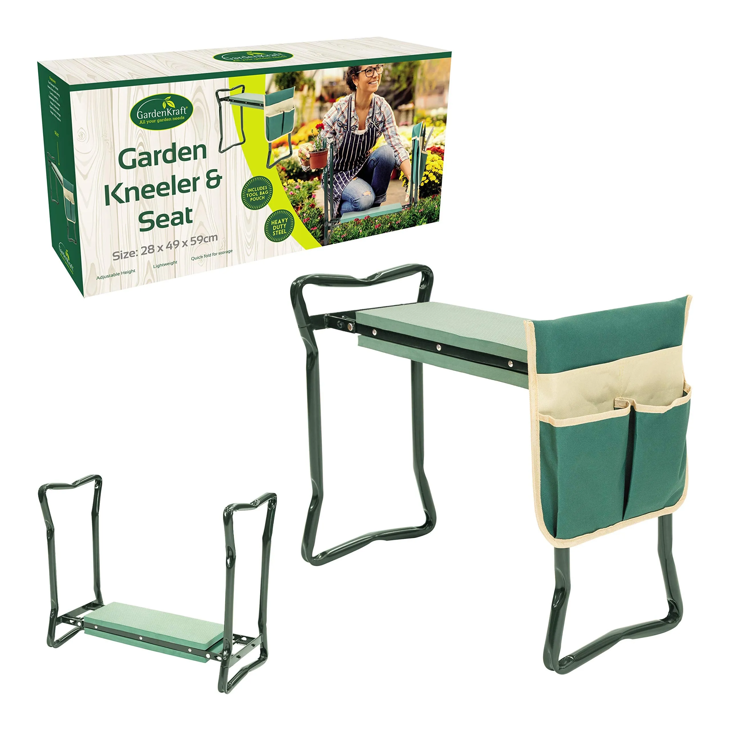 GardenKraft 10139 Folding Garden Kneeler/Additional Tool Bag Included/Kneel Or Sit When Gardening/Lightweight & Portable/Soft & Comfortable Foam Cushioning