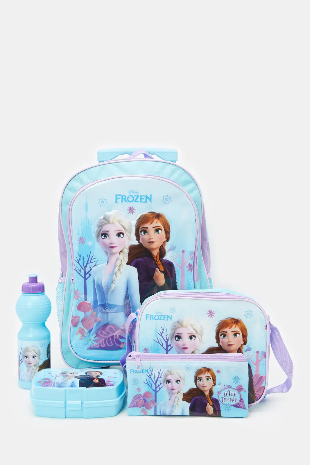 Girls Blue And Purple Frozen Print Trolley Set (5 Piece)