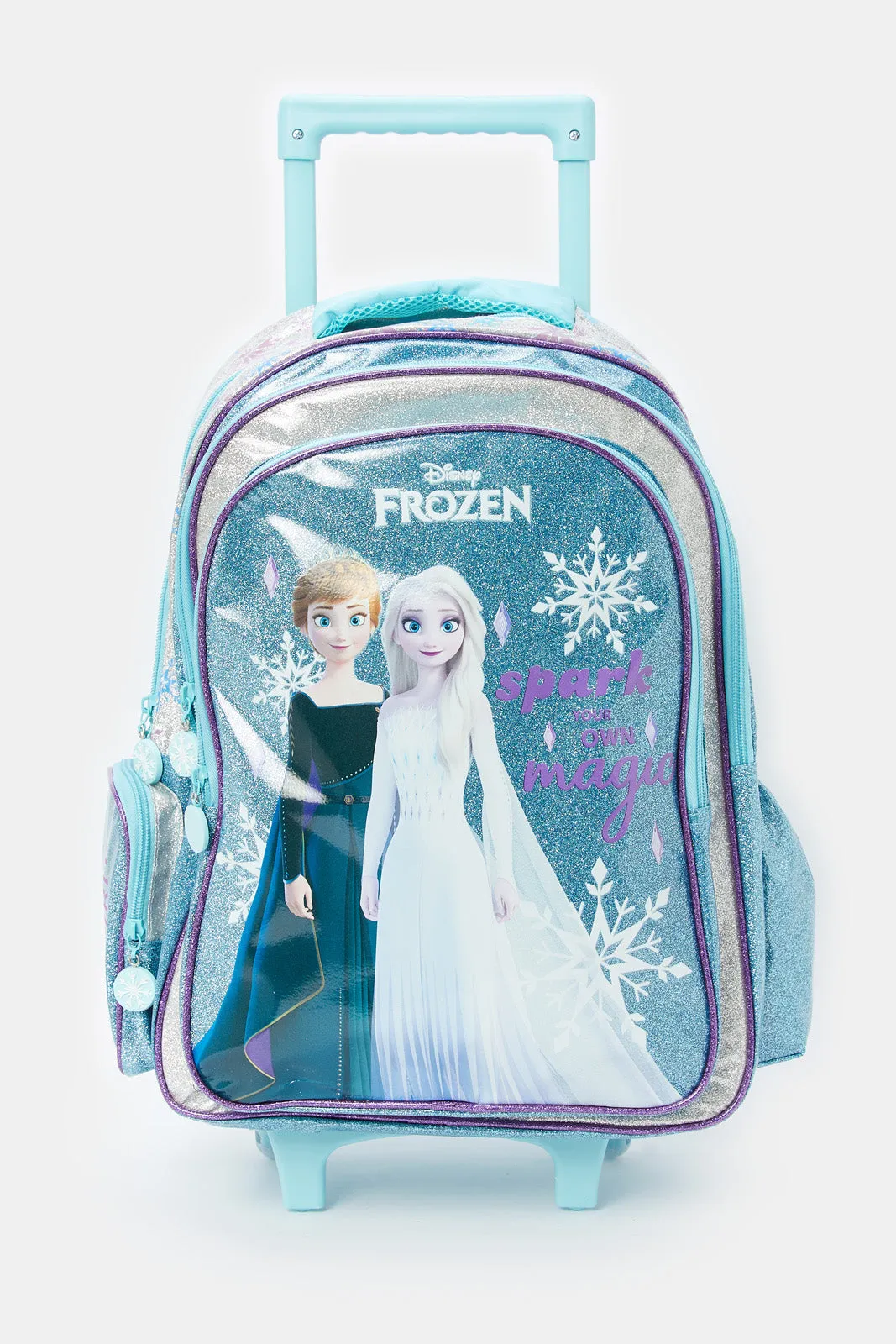 Girls Blue And White Frozen Print Trolley Bag (18 Inch)