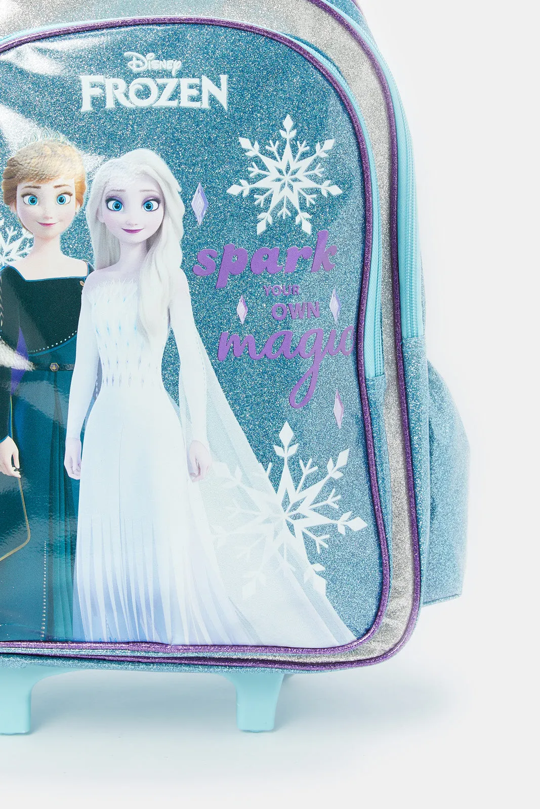 Girls Blue And White Frozen Print Trolley Bag (18 Inch)