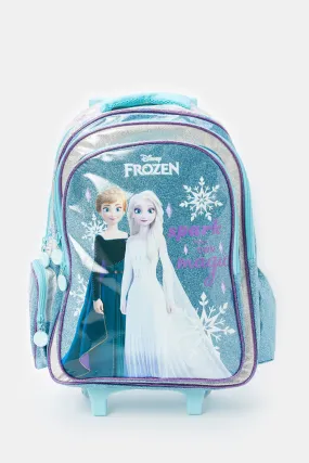 Girls Blue And White Frozen Print Trolley Bag (18 Inch)