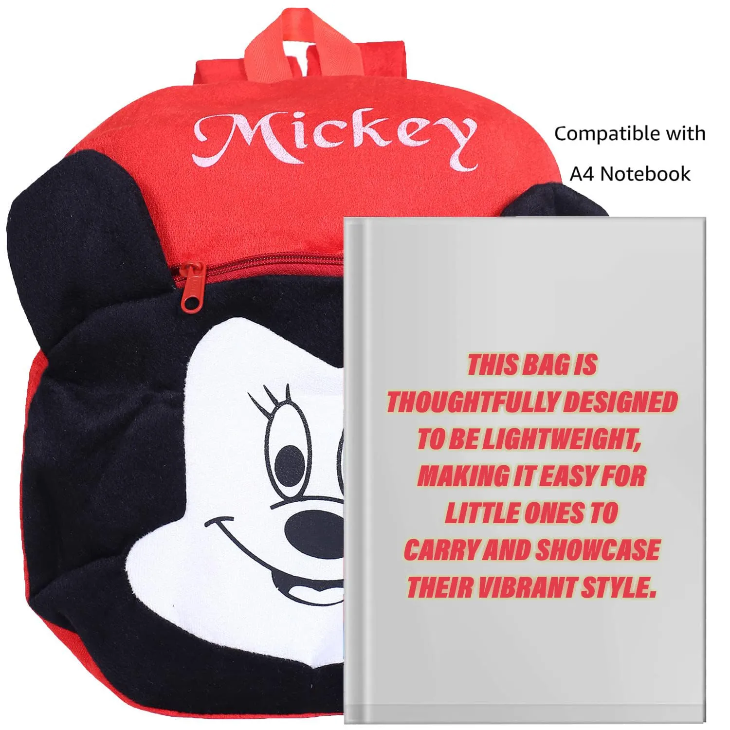 Heart Home Disney Mickey Lower School Bag | Velvet Kids School Bags | Student Bookbag | School Bag for Girls & Boys | School Backpack for Kids | 2 Compartments | Red