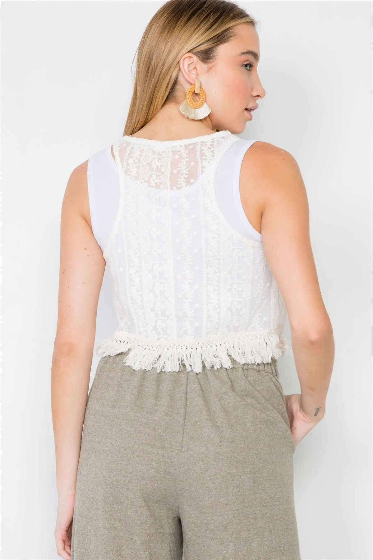 Ivory Bohemian Lace Crochet Sheer Fringe Crop Top /2-2-1