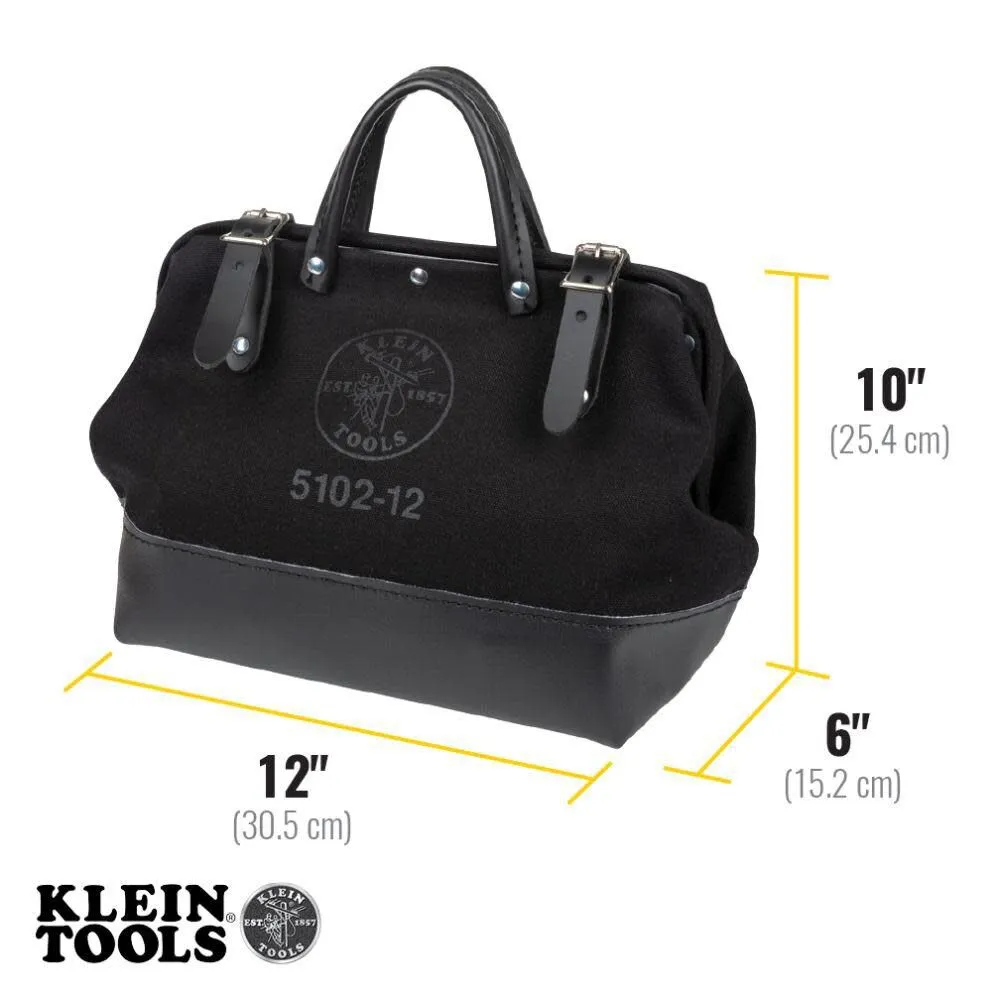 Klein Tools 510212BLK Heavy Duty Black Canvas Tool Bag, Tool Tote, Multi-Purpose Bag with Wide Hinged Opening and Leather Handles, 12-Inch