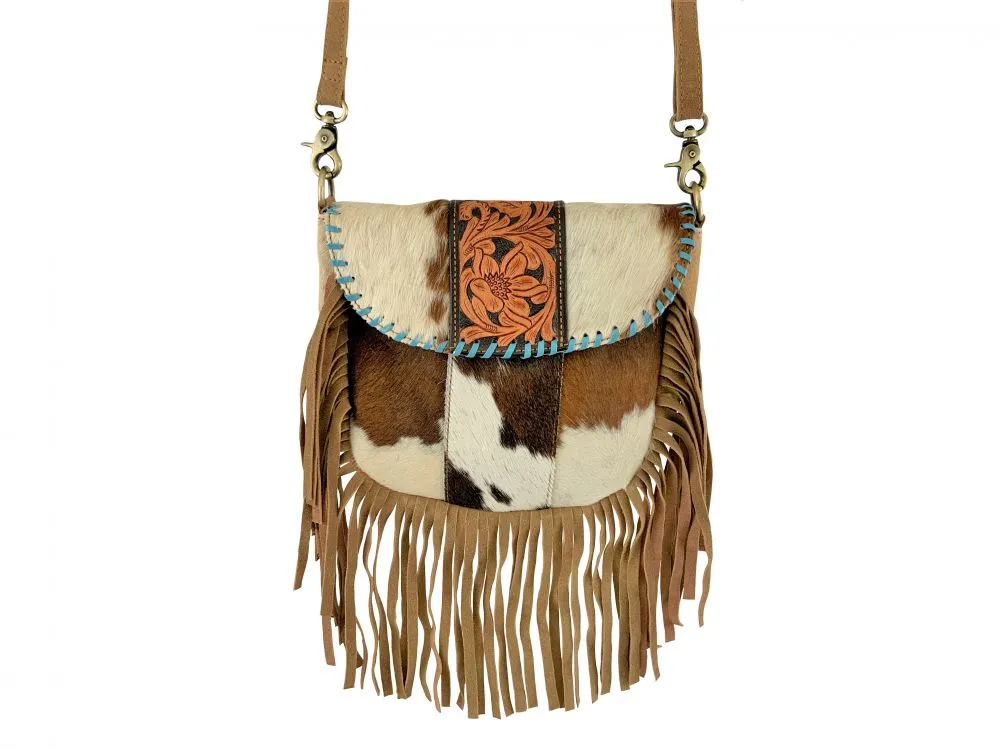 Leather Crossbody Bag with hair on cowhide, teal lacing and fringe