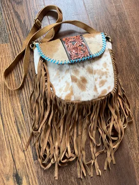 Leather Crossbody Bag with hair on cowhide, teal lacing and fringe