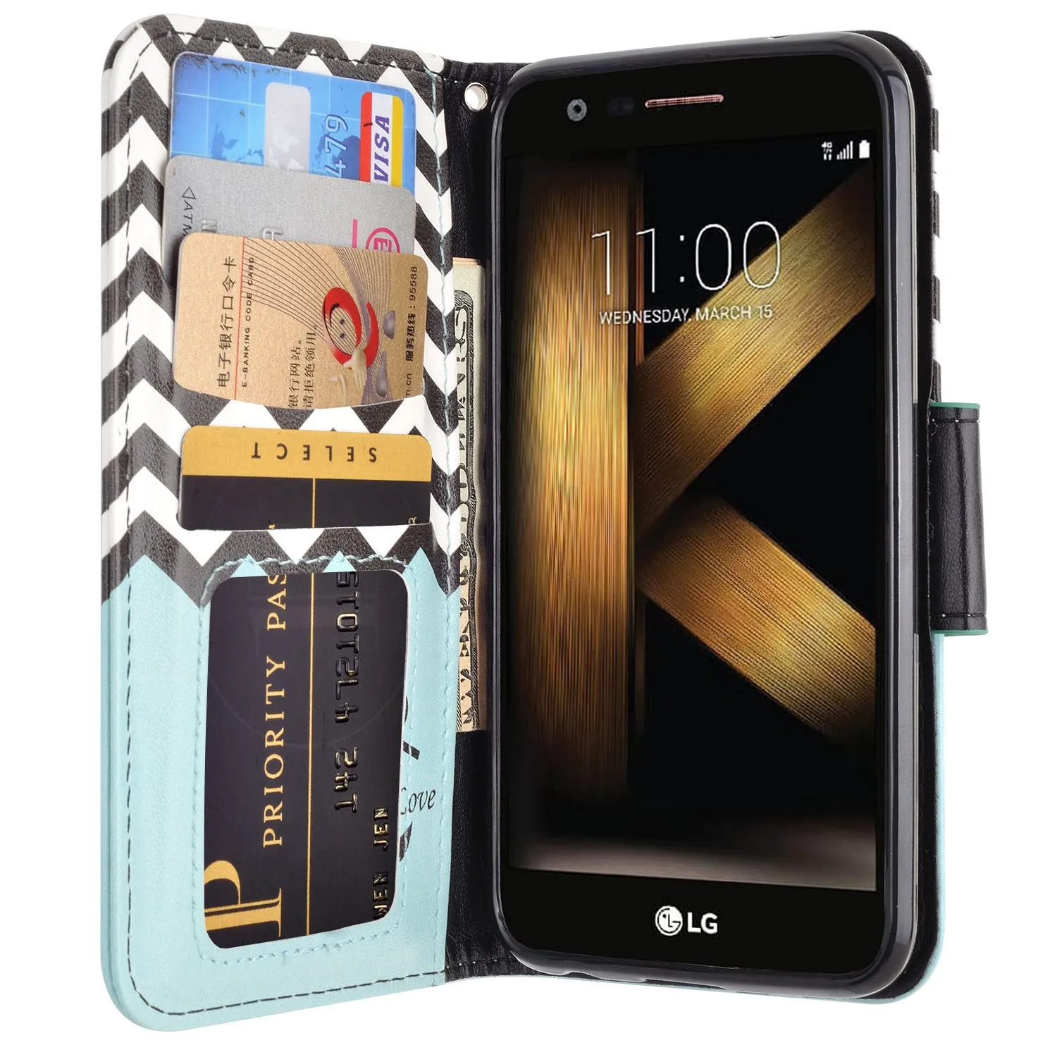 LG K20 Plus Case, LG K20 V, K10 2017 Wrist Strap Pu Leather Magnetic Flip Fold[Kickstand] Wallet Case with ID & Card Slots - Teal Anchor