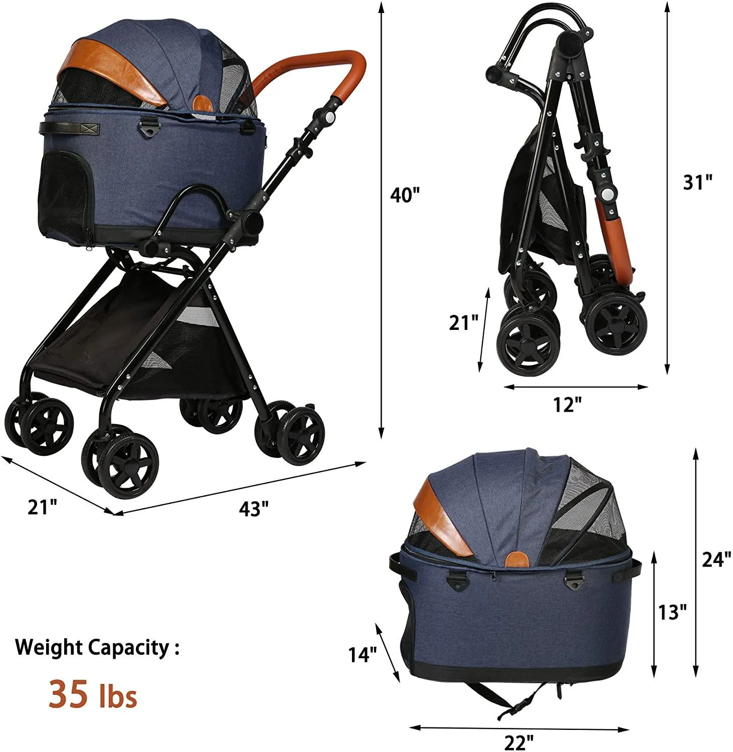 Luxury Folding Pet Stroller with Detachable Carrier for Medium Dogs Cats, Dark Blue