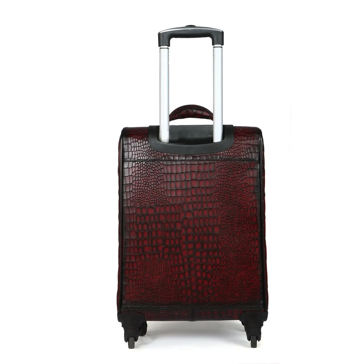 Luxury Wine Croco Print With Diamond Stitched Quad Wheel Cabin Luggage Strolley Leather Bag by Brune & Bareskin