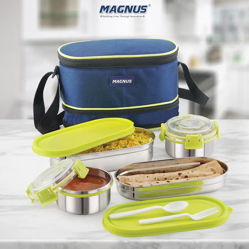 Magnus Avanza 4 - Stainless Steel Leakproof Lunch Box for Kids with Klip Lock & Insulated Bag | Airtight BPA-Free Tiffin | Ideal Lunch Boxes for Office Men, Women, School | Durable Food Containers