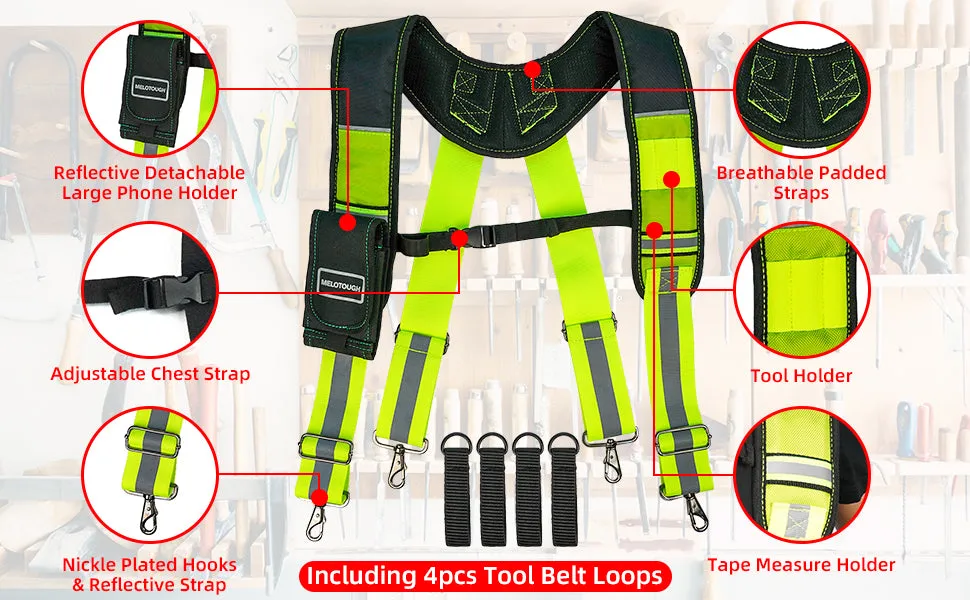 MELOTOUGH Tool Belt Suspenders SW201B - For the Curvy Girl with Large Moveable Phone Holder, Pencil Holder, Adjustable Size Padded Suspenders - fits 32-44" pants