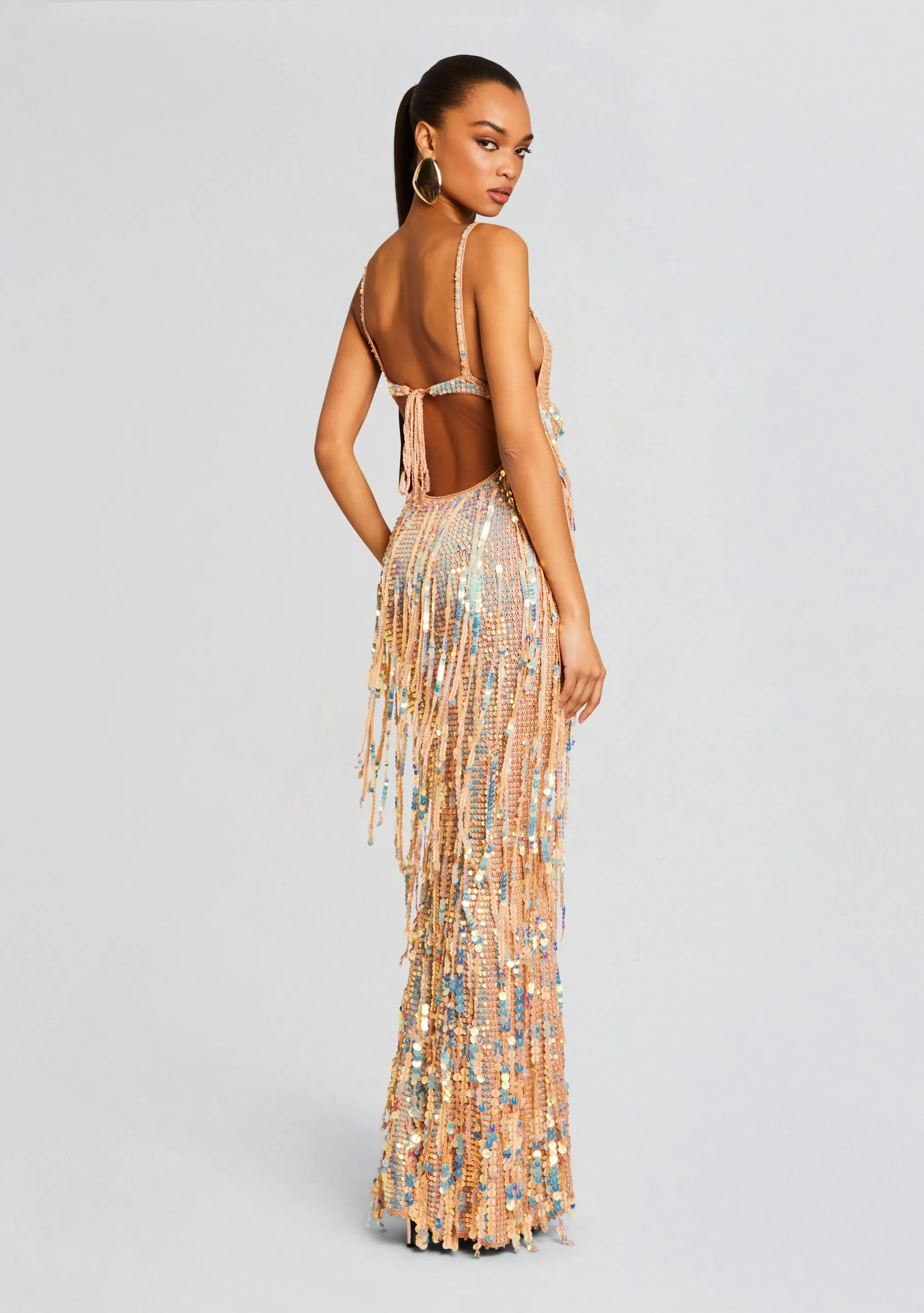 Mevia Sequin Fringe Crochet Dress