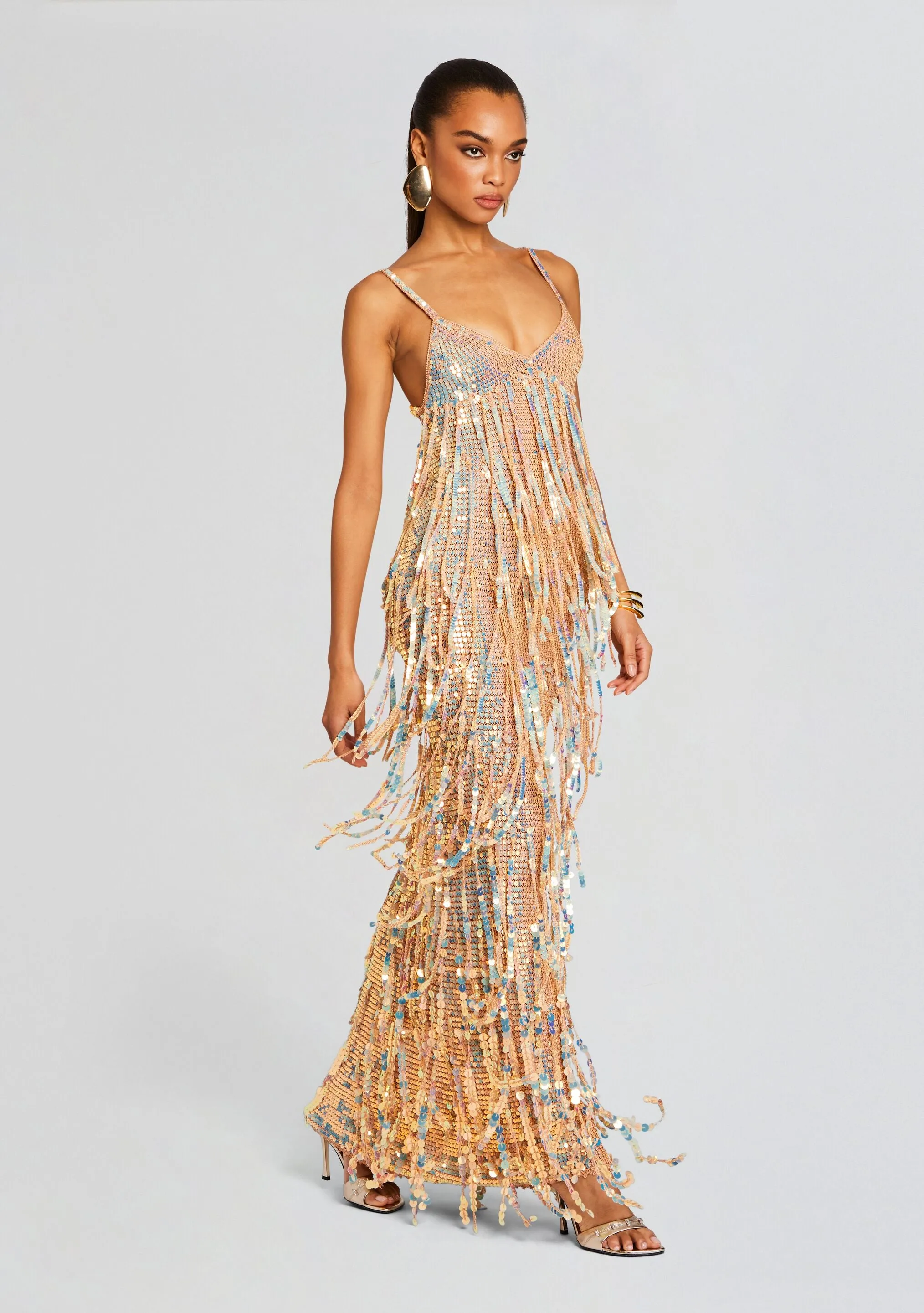 Mevia Sequin Fringe Crochet Dress