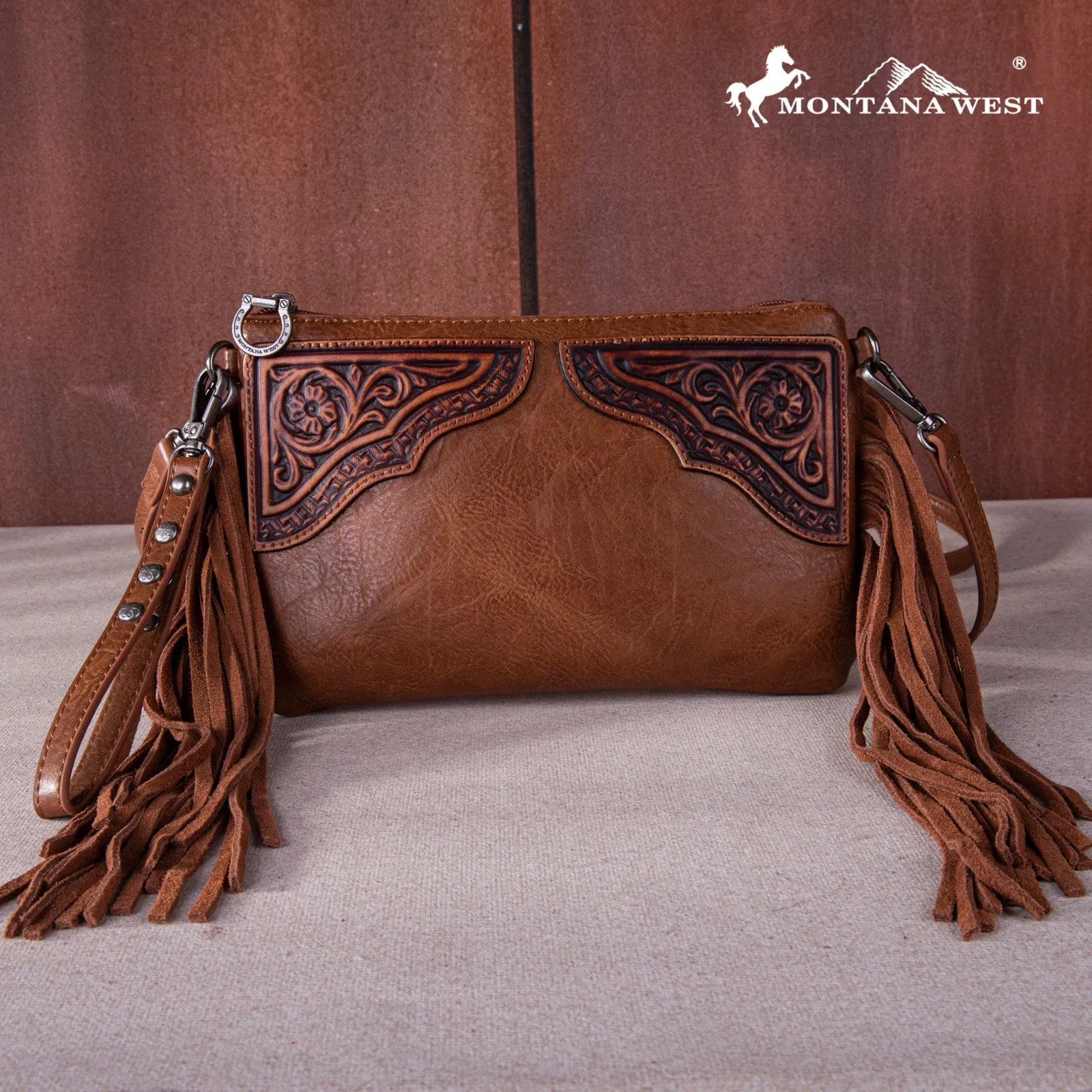 MW1262-181 Montana West Floral Tooled Fringe Wristlet Clutch/Crossbody Bag