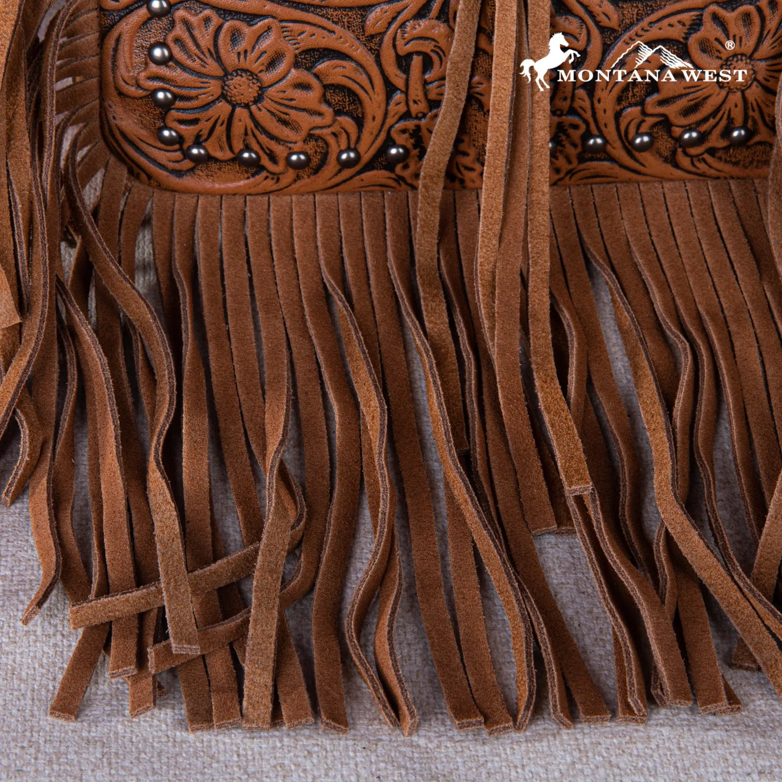 MWR-062 Montana West Genuine Leather Tooled Silver Turquoise Concho Fringe Crossbody - Brown