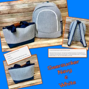 Navy and White Stripe Seersucker Back Pack and Lunch Bag