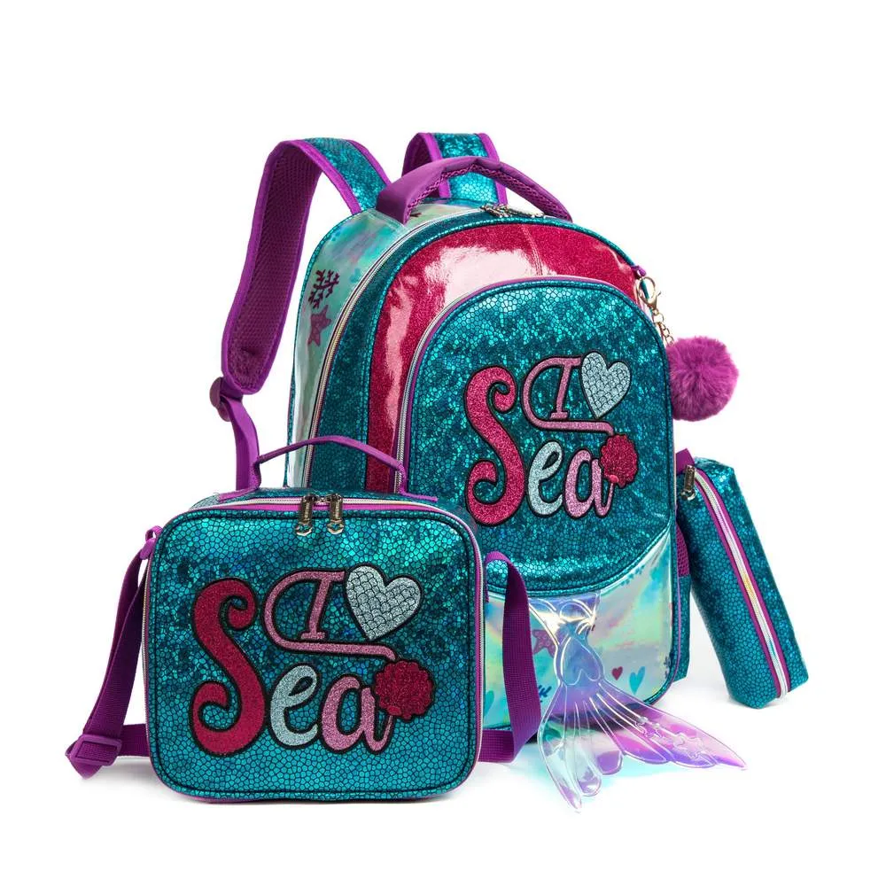 (NET) Eazy Kids-17inch School Bag Lunch Bag Pencil Case Set Of 3 Mermaid Sea - Green / 11505-3