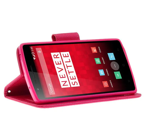 OnePlus One Case, Wrist Strap Flip Folio [Kickstand Feature] Pu Leather Wallet Case with ID & Credit Card Slots - Hot Pink