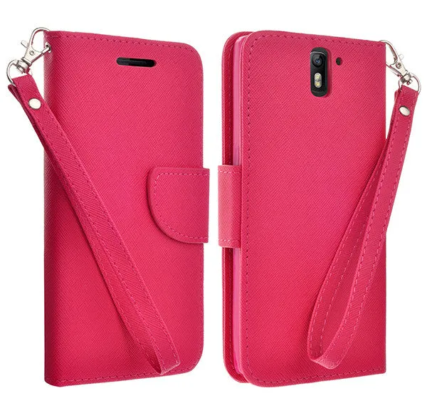 OnePlus One Case, Wrist Strap Flip Folio [Kickstand Feature] Pu Leather Wallet Case with ID & Credit Card Slots - Hot Pink