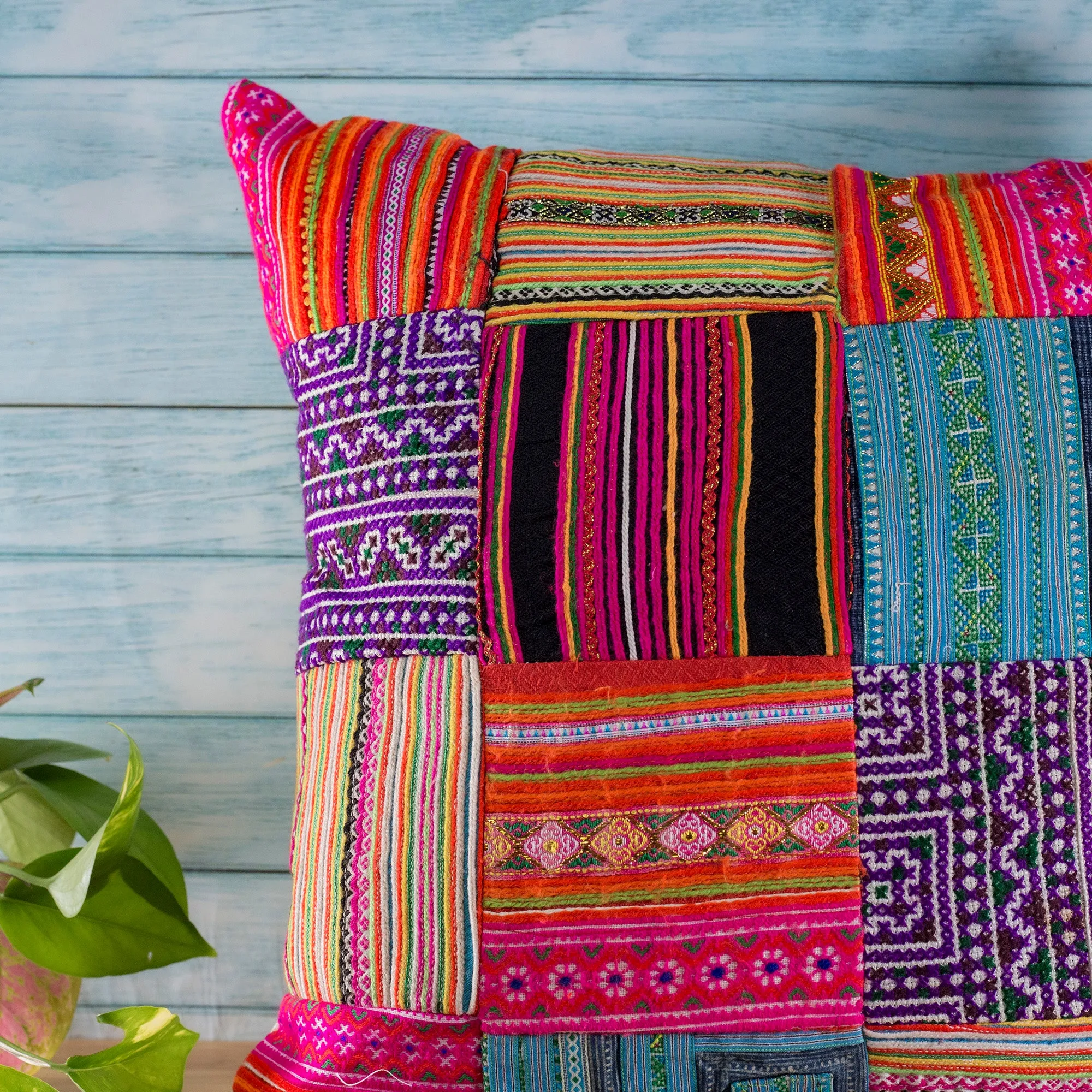 Patchwork cushion cover from H'mong embroidery fabric