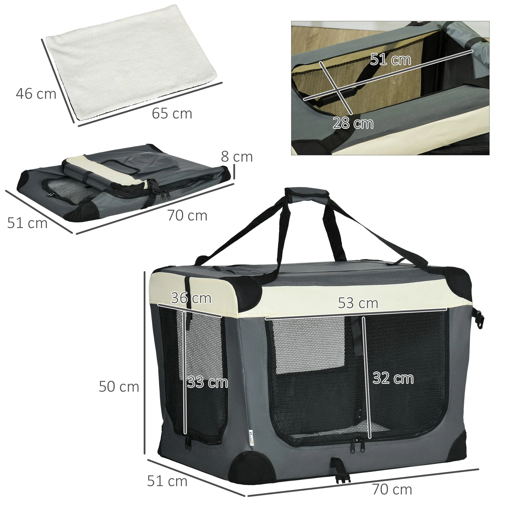 PawHut 70cm Grey Foldable Pet Carrier Bag Soft Travel Dog Crate for Small Dogs