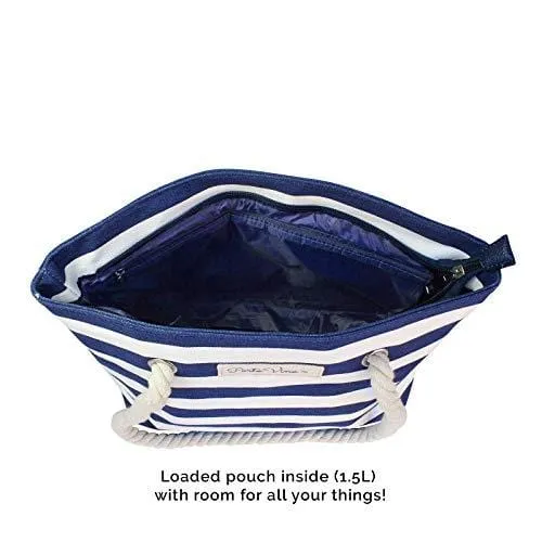 PortoVino Beach Wine Purse (Blue/White) - Beach Tote with Hidden, Insulated Compartment, Holds 2 Bottles of Wine! / Great Gift! / Happiness Guaranteed!