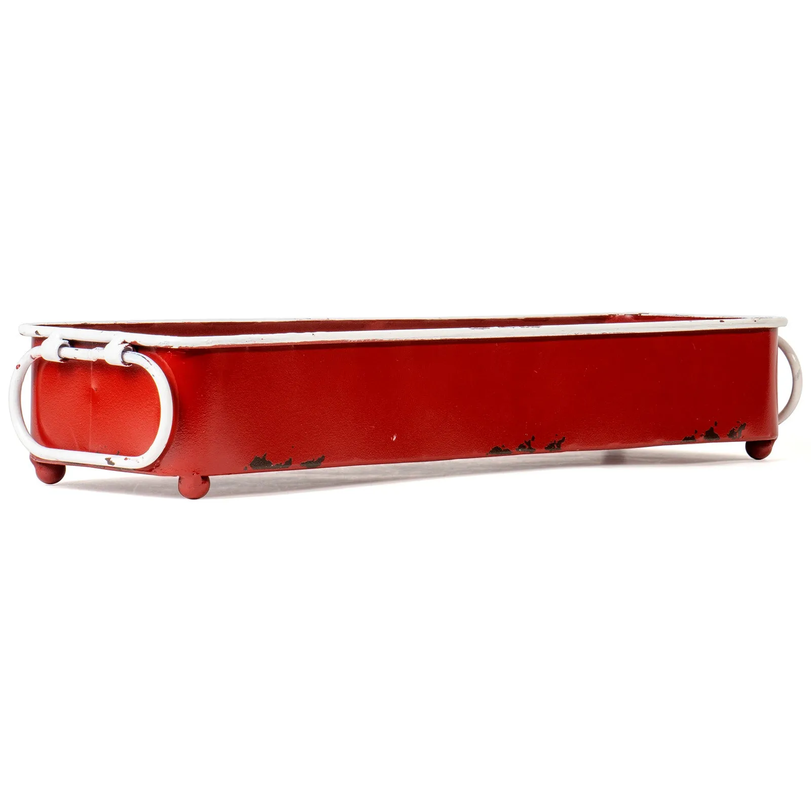 Red Co. Decorative Distressed Enamelware Metal Tray with Handles, Festive Red with White Trim - 16-Inch