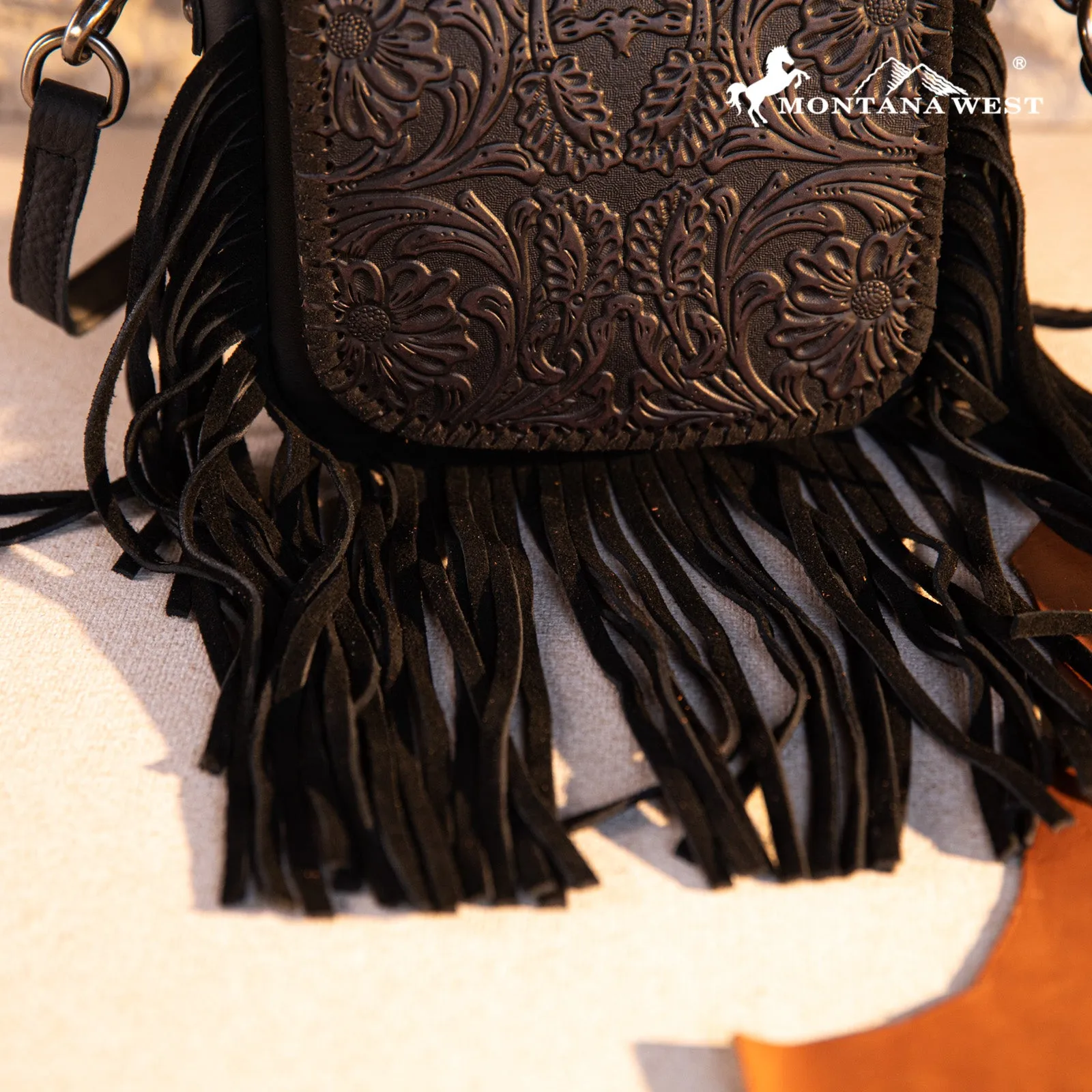 RLC-L187 Montana West Genuine Leather Tooled Fringe Crossbody - Black